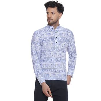 sanganeri printed short kurta for men (blue white) 1