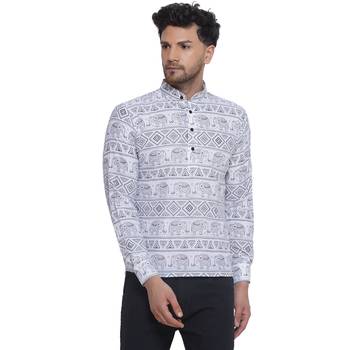 sanganeri printed short kurta for men (white, size: free) 1