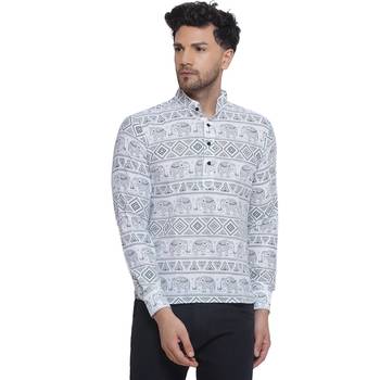 sanganeri printed short kurta for men (white, size: free) 1