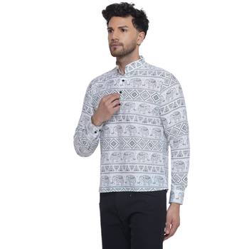 sanganeri printed short kurta for men (white, size: free) 3