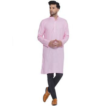 solid cotton long kurta for men (pink) 1
