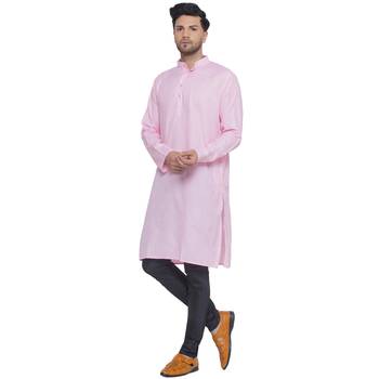 solid cotton long kurta for men (pink) 2