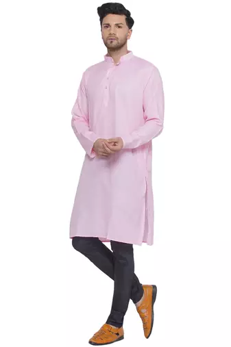 solid cotton long kurta for men (pink)