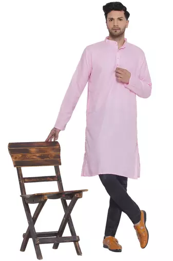 solid cotton long kurta for men (pink)