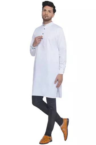 solid cotton long kurta for men (white)