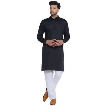 solid cotton long kurta for men (black) 1