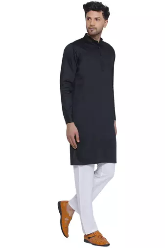 solid cotton long kurta for men (black)