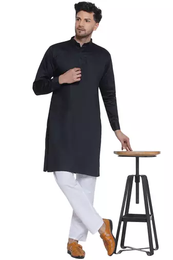 solid cotton long kurta for men (black)