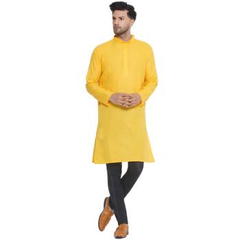 solid cotton long kurta for men (yellow) 1