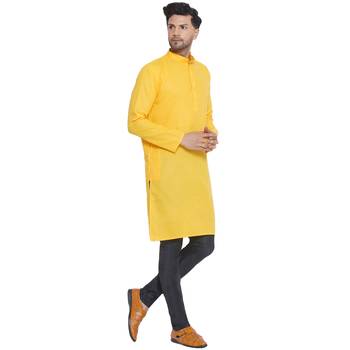 solid cotton long kurta for men (yellow) 2