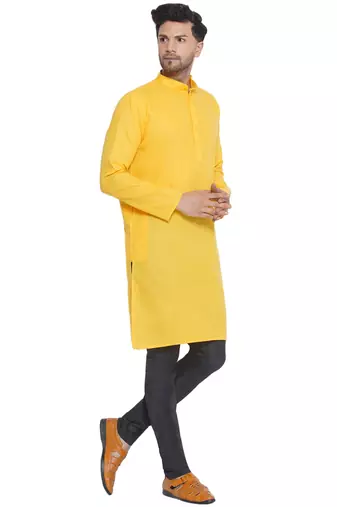 solid cotton long kurta for men (yellow)
