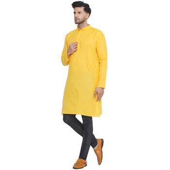 solid cotton long kurta for men (yellow) 3