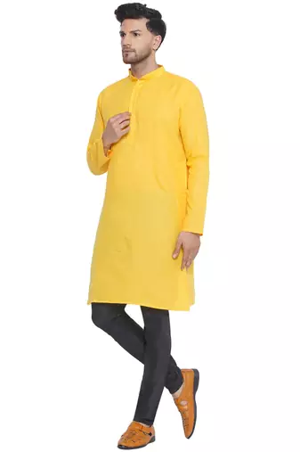 solid cotton long kurta for men (yellow)