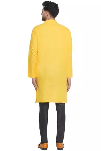 solid cotton long kurta for men (yellow)