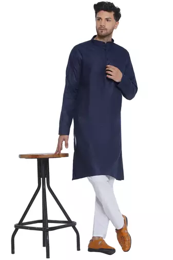 solid cotton long kurta for men (blue)
