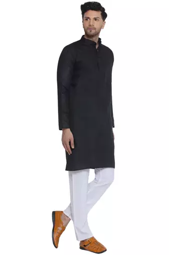 solid cotton long kurta for men (black)