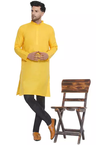 solid cotton long kurta for men (yellow)
