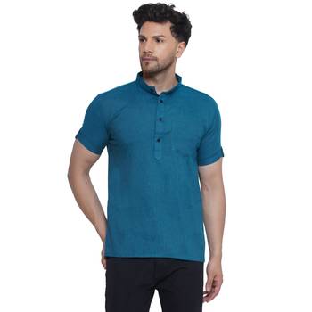 solid rayon half sleeve short kurta for men (turquoise) 1