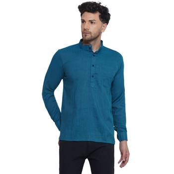 solid rayon full sleeve short kurta for men (turquoise) 1