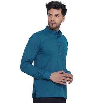 solid rayon full sleeve short kurta for men (turquoise) 2