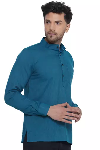 solid rayon full sleeve short kurta for men (turquoise)