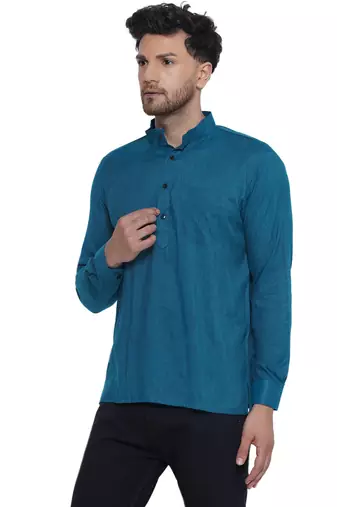 solid rayon full sleeve short kurta for men (turquoise)