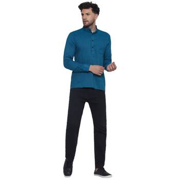 solid rayon full sleeve short kurta for men (turquoise) 5