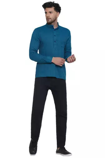 solid rayon full sleeve short kurta for men (turquoise)