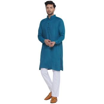solid rayon long kurta for men (turquoise) 3