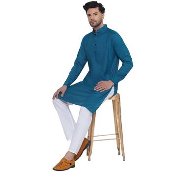 solid rayon long kurta for men (turquoise) 5