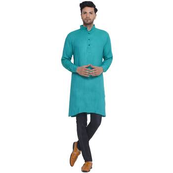 solid rayon long kurta for men (Turquoise) 1
