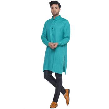 solid rayon long kurta for men (Turquoise) 3