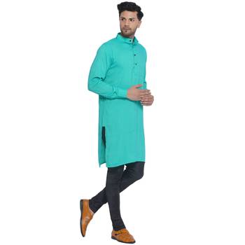 solid rayon long kurta for men (Turquoise) 2