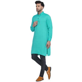 solid rayon long kurta for men (Turquoise) 3