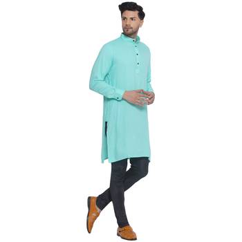 solid rayon long kurta for men (Turquoise) 2