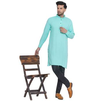 solid rayon long kurta for men (Turquoise) 5