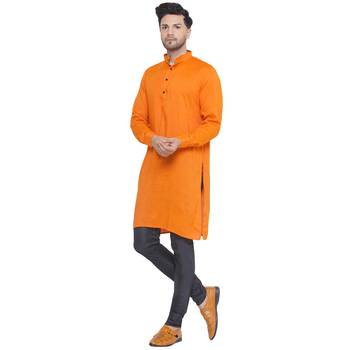 solid rayon long kurta for men (orange, size: free) 3
