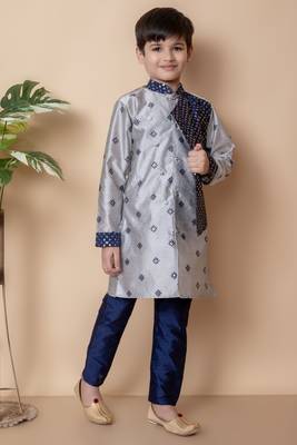 embroidery and sequins work dupion silk kurta side jacket and pajama set for boys 6