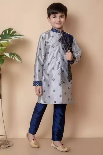 embroidery and sequins work dupion silk kurta side jacket and pajama set for boys