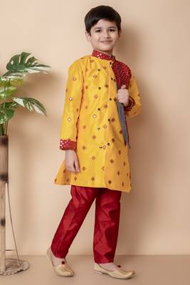 embroidery and sequins work dupion silk kurta side jacket and pajama set for boys 6