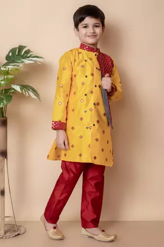 embroidery and sequins work dupion silk kurta side jacket and pajama set for boys