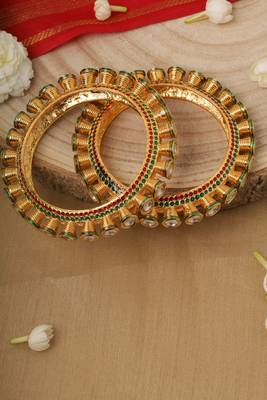 Traditional Yellow Gold Kundan Bangles with Green and White Accents 2