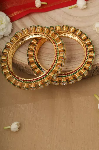Traditional Yellow Gold Kundan Bangles with Green and White Accents