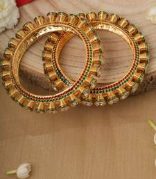 Traditional Yellow Gold Kundan Bangles with Green and White Accents