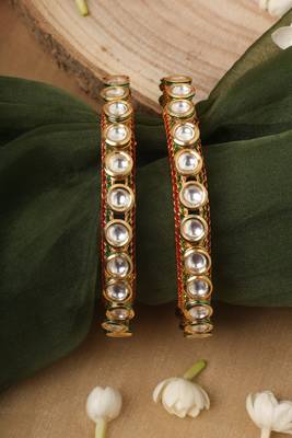 Traditional Yellow Gold Kundan Bangles with Green and White Accents 1