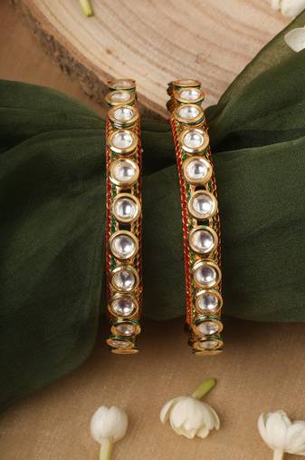 Traditional Yellow Gold Kundan Bangles with Green and White Accents