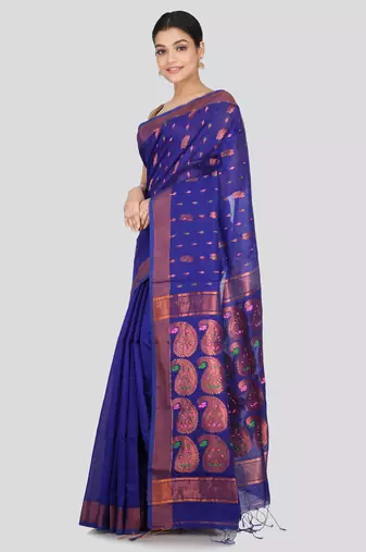 PinkLoom Women's  Blue Hand_Woven Cotton-Silk-Sarees With Unstitched Blouse Piece