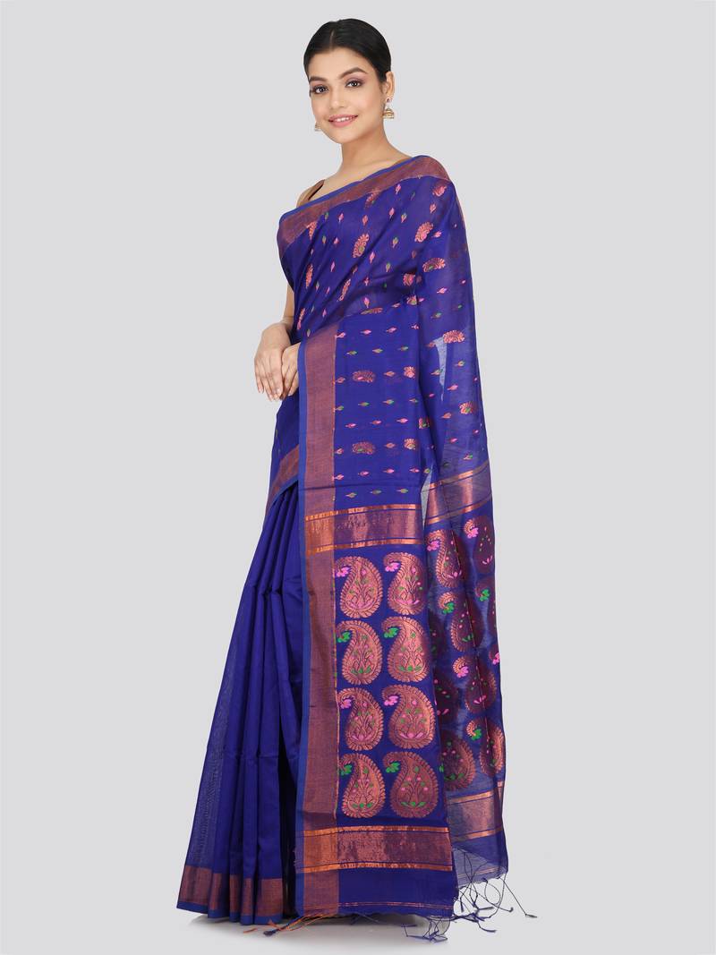 PinkLoom Women's  Blue Hand_Woven Cotton-Silk-Sarees With Unstitched Blouse Piece