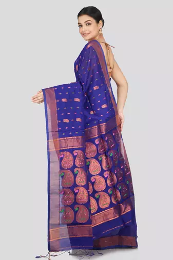 PinkLoom Women's  Blue Hand_Woven Cotton-Silk-Sarees With Unstitched Blouse Piece