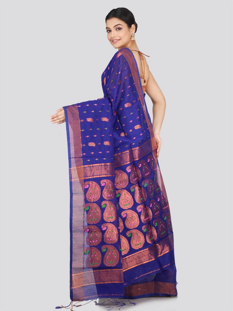 PinkLoom Women's  Blue Hand_Woven Cotton-Silk-Sarees With Unstitched Blouse Piece